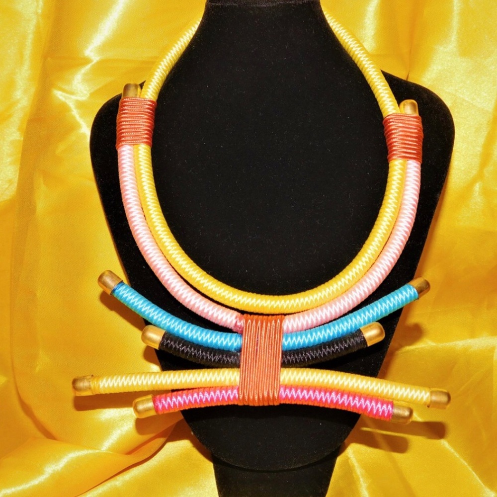 Handmade African Threaded Colorblock Necklace - Picture 1 of 1